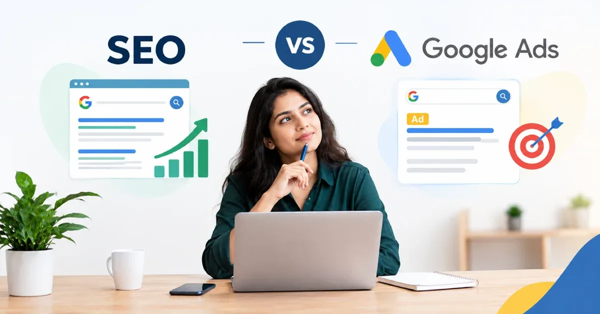 Small business owner comparing SEO and Google Ads performance on a laptop to choose a digital marketing strategy