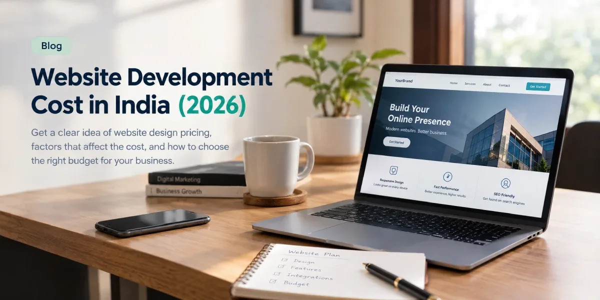 Website development cost in India in 2026 showing a business website displayed on a laptop