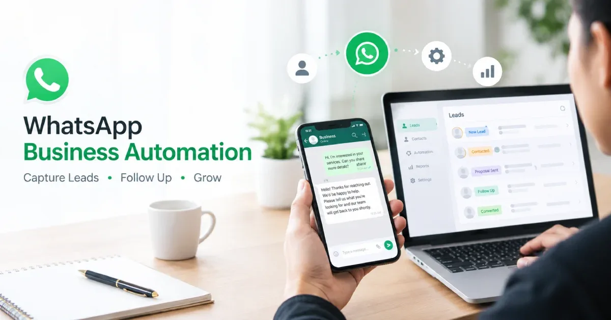 Business owner managing customer enquiries and automated WhatsApp lead follow-ups on a laptop and smartphone