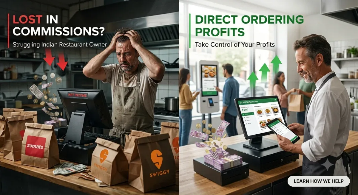 Restaurant owner managing direct food orders through an online ordering website to reduce Zomato and Swiggy commission costs